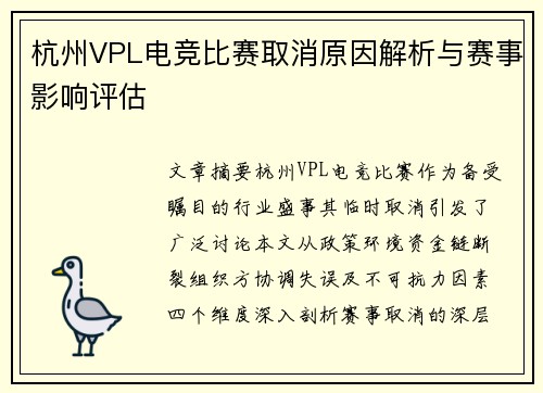 杭州VPL电竞比赛取消原因解析与赛事影响评估